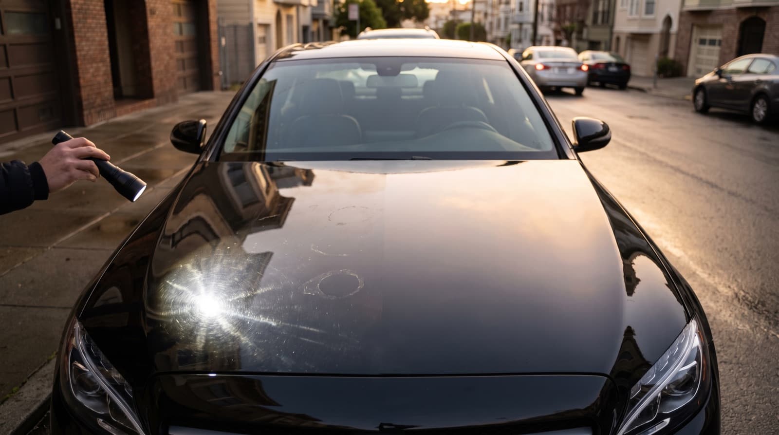 Close-up of white water spot rings and fine swirl marks on a black car hood in soft afternoon light