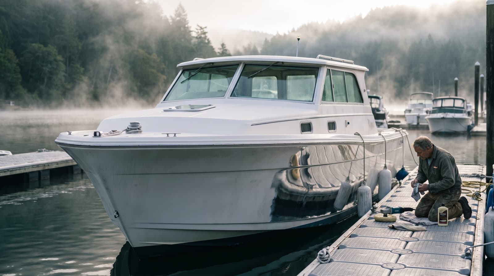 A technician polishes the white hull of a small powerboat at a marina dock, with one half of the hull glossy and the other half still dull and chalky.