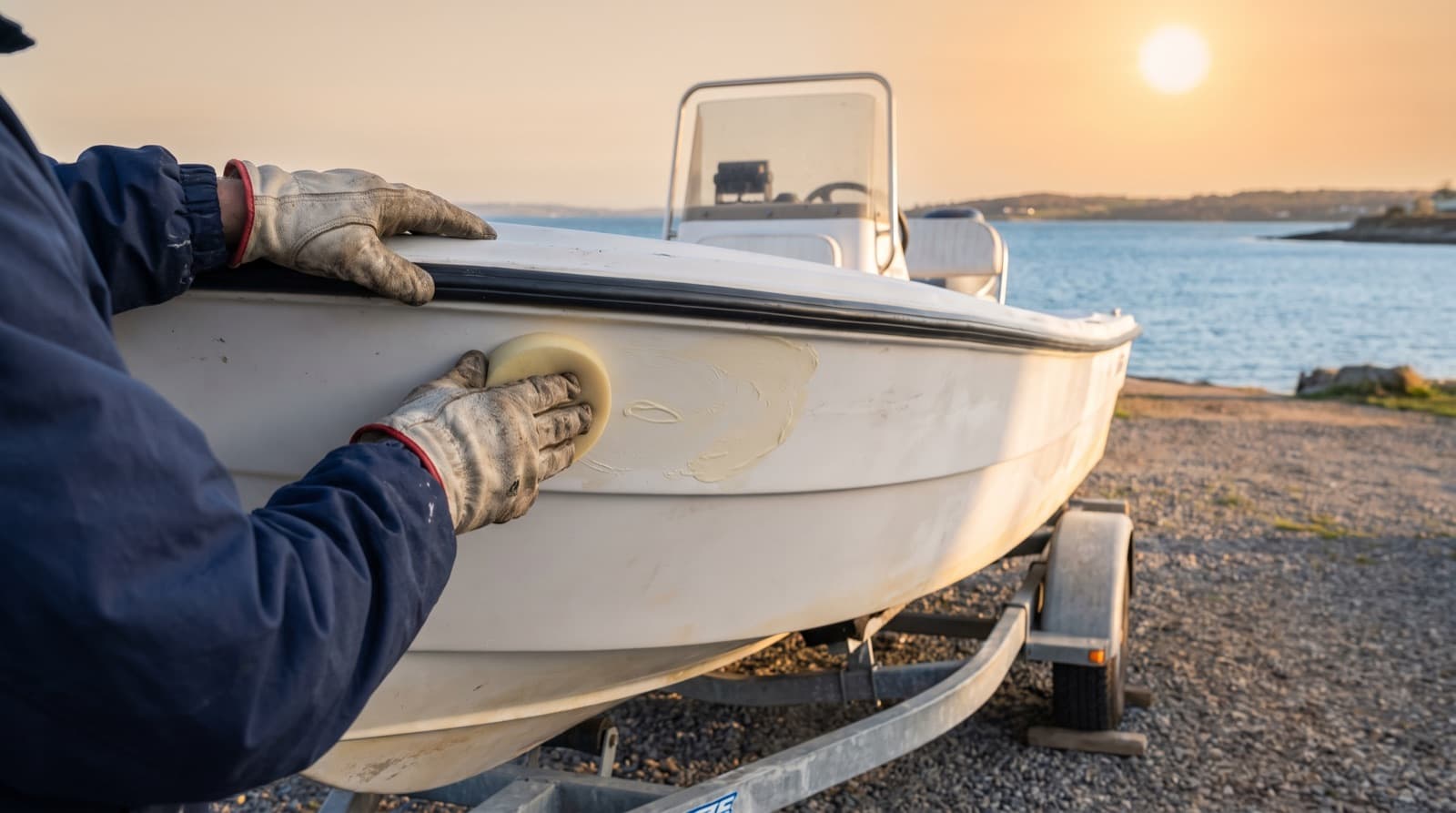 Technician buffing marine wax to a shine on the white gelcoat hull of a boat sitting on its trailer