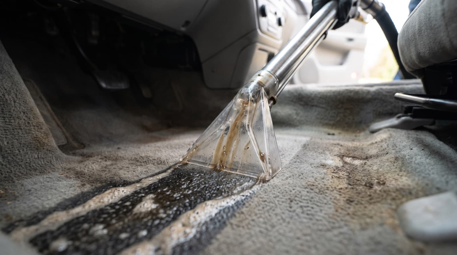 A technician runs an extractor over the driver's side floor carpet of a car with the front door open