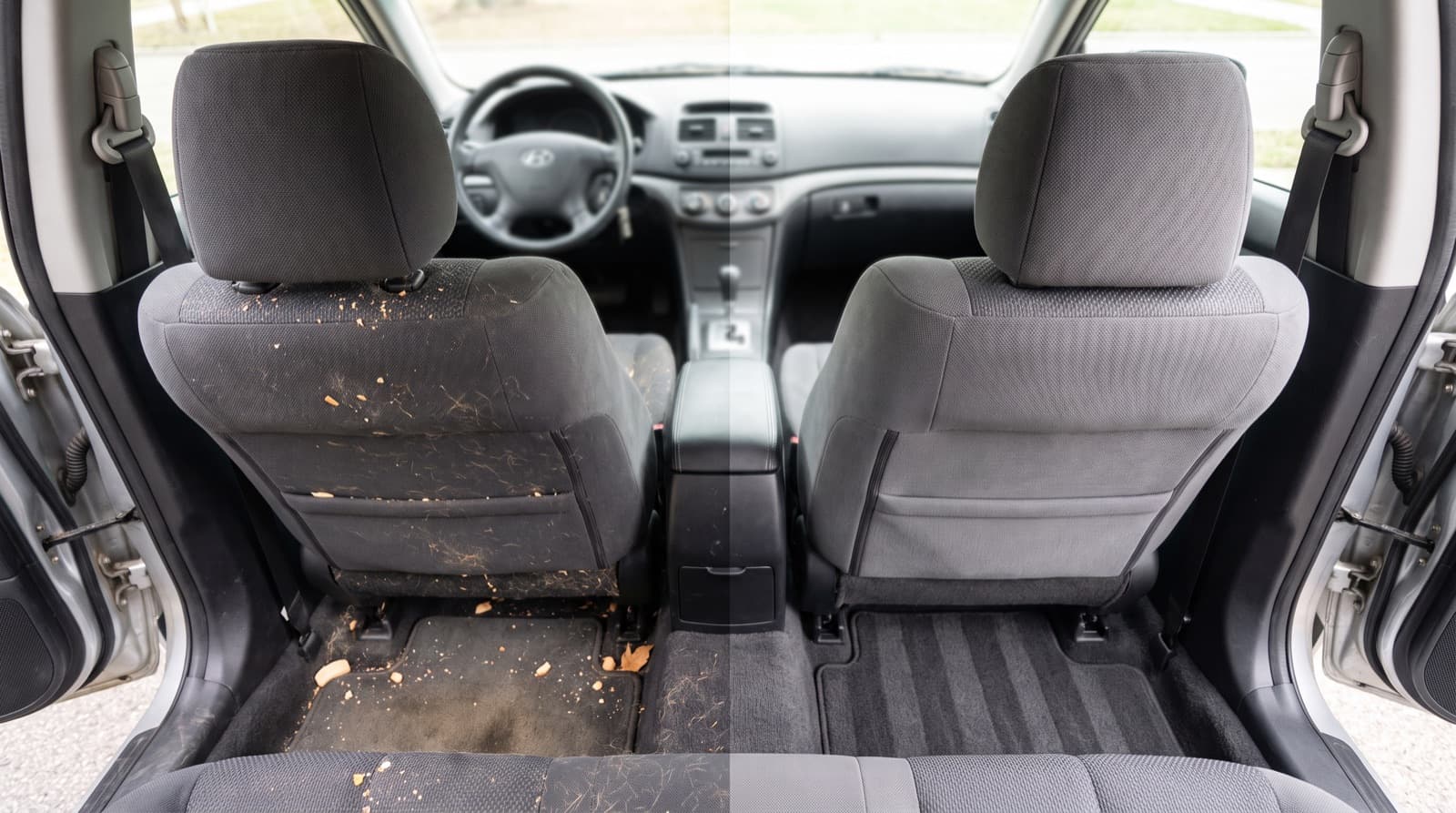 A technician steam cleaning the back seat of an SUV parked at a San Francisco curb, with the freshly washed paint shining in the sun