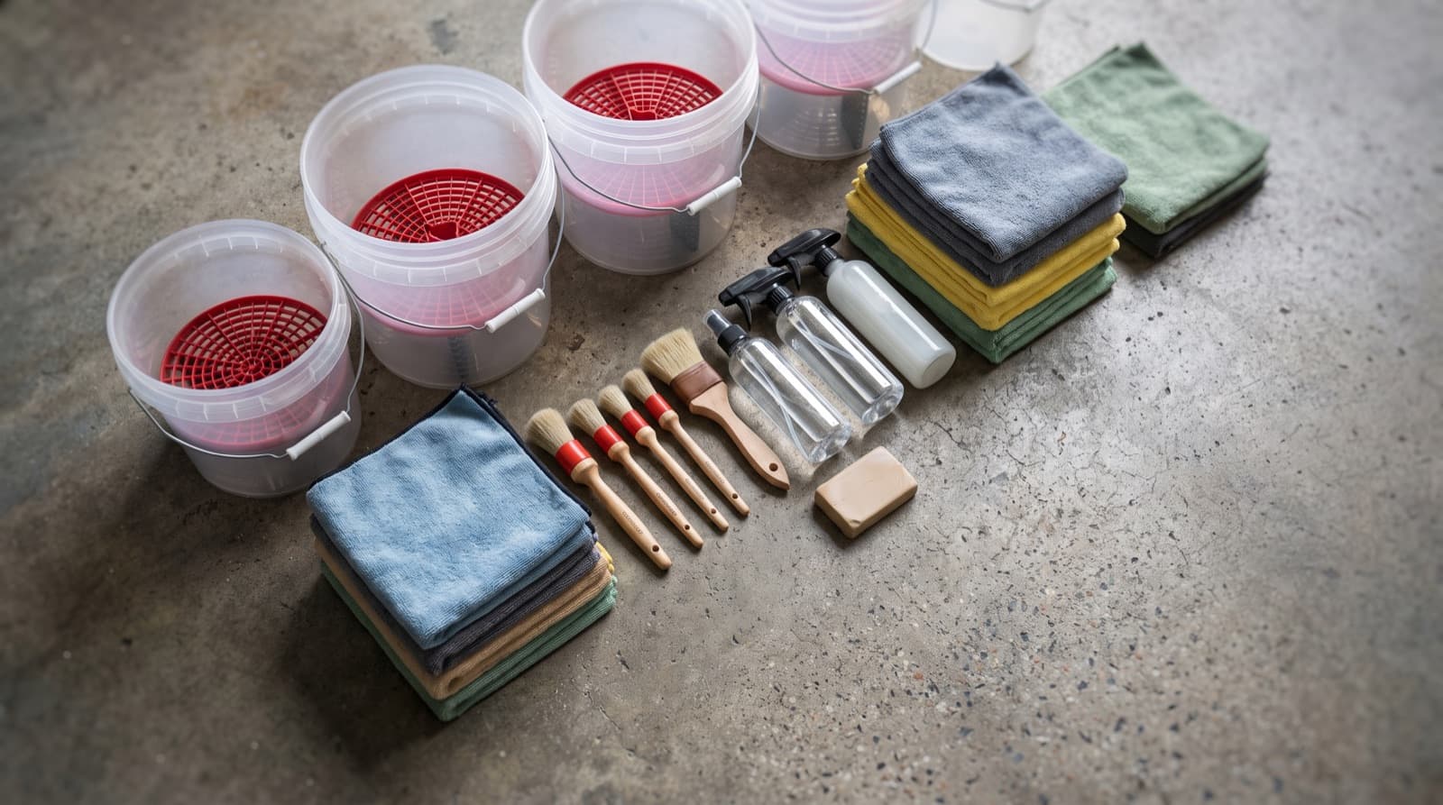 Car detailing supplies laid out on a garage floor: two buckets with grit guards, a wash mitt, stacks of microfiber towels, soft brushes and spray bottles.