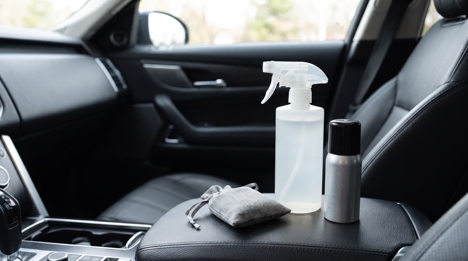 Technician steam cleaning a cloth car seat to lift out a deep smell, with a spray bottle and a charcoal odor bag on the floor mat