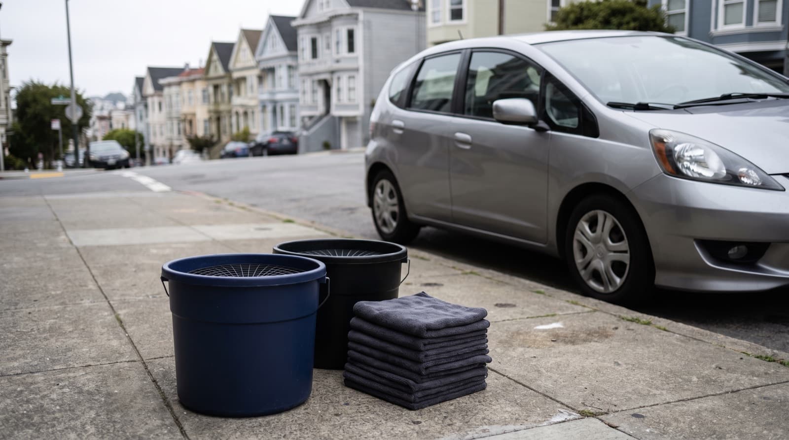 Technician drying the hood of a silver sedan with a fresh microfiber towel on a San Francisco street, with a stack of clean folded towels next to a wash bucket