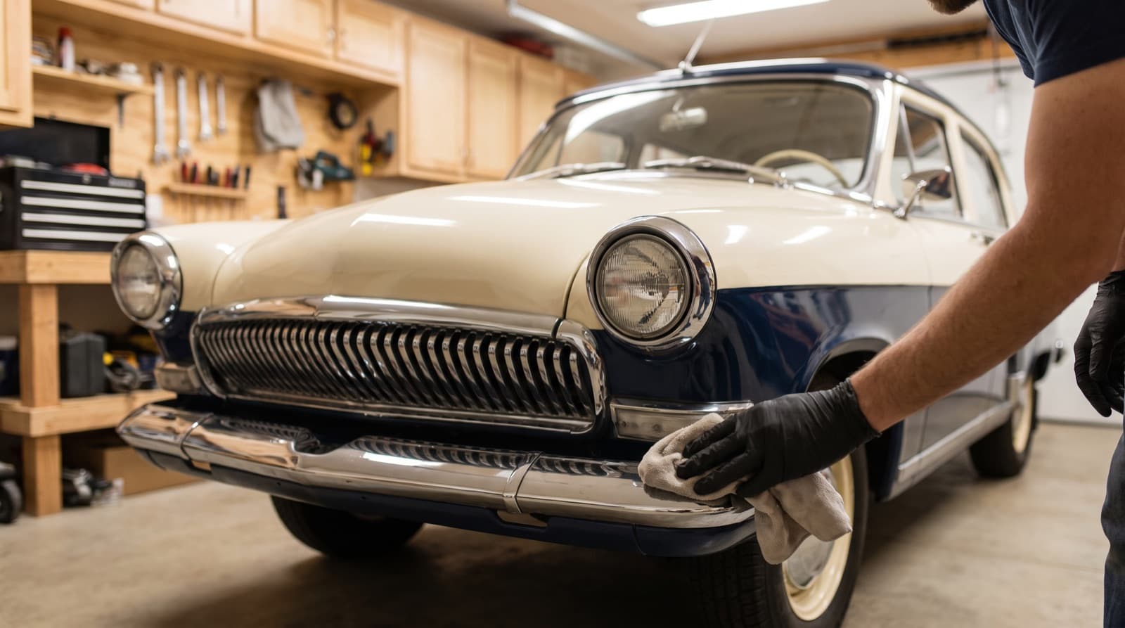 A gloved technician hand-wiping the chrome front bumper of a cream and navy vintage sedan in a home garage