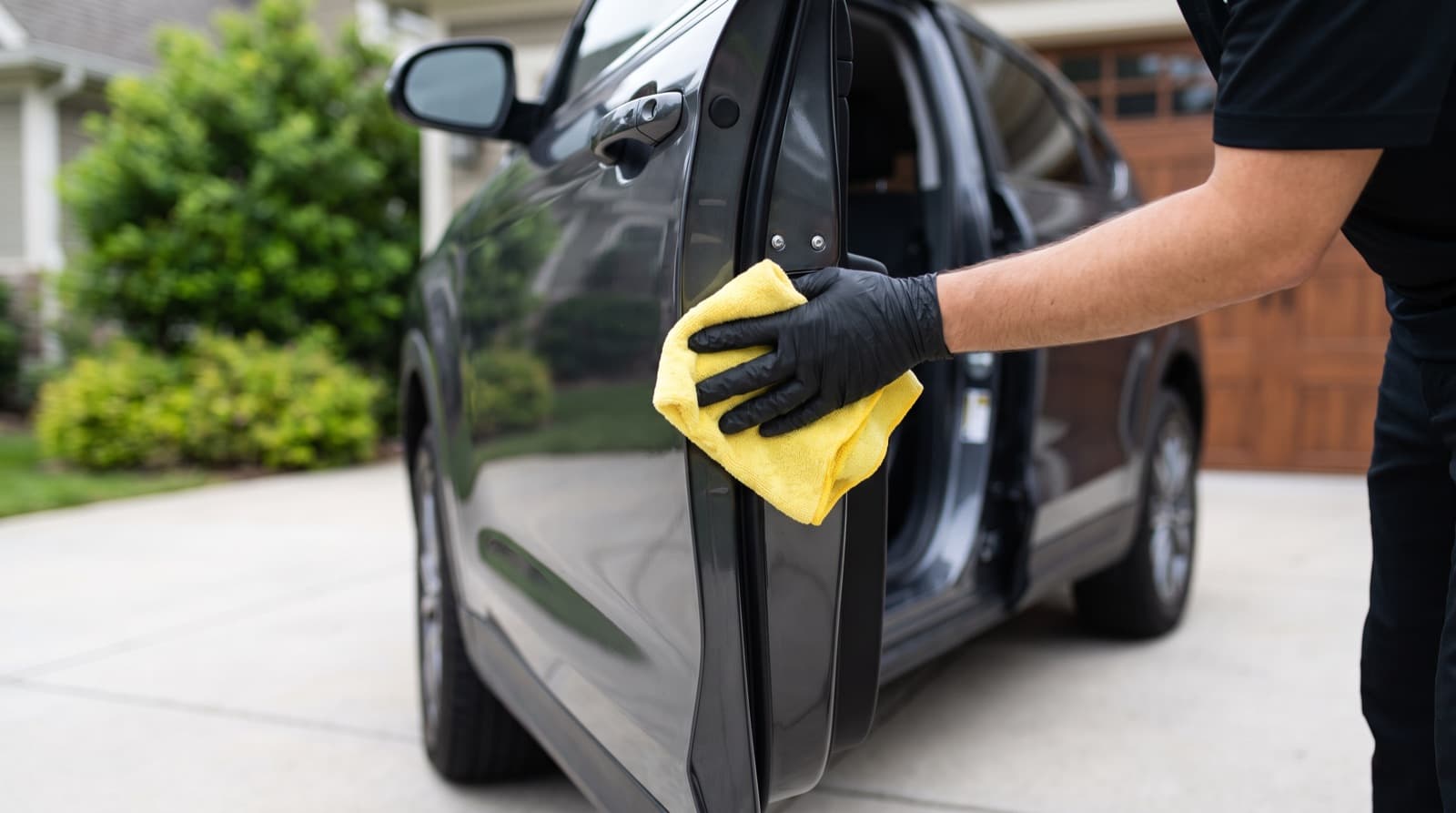 A detailing technician hand drying a clean gray SUV with a microfiber towel on a quiet San Francisco street