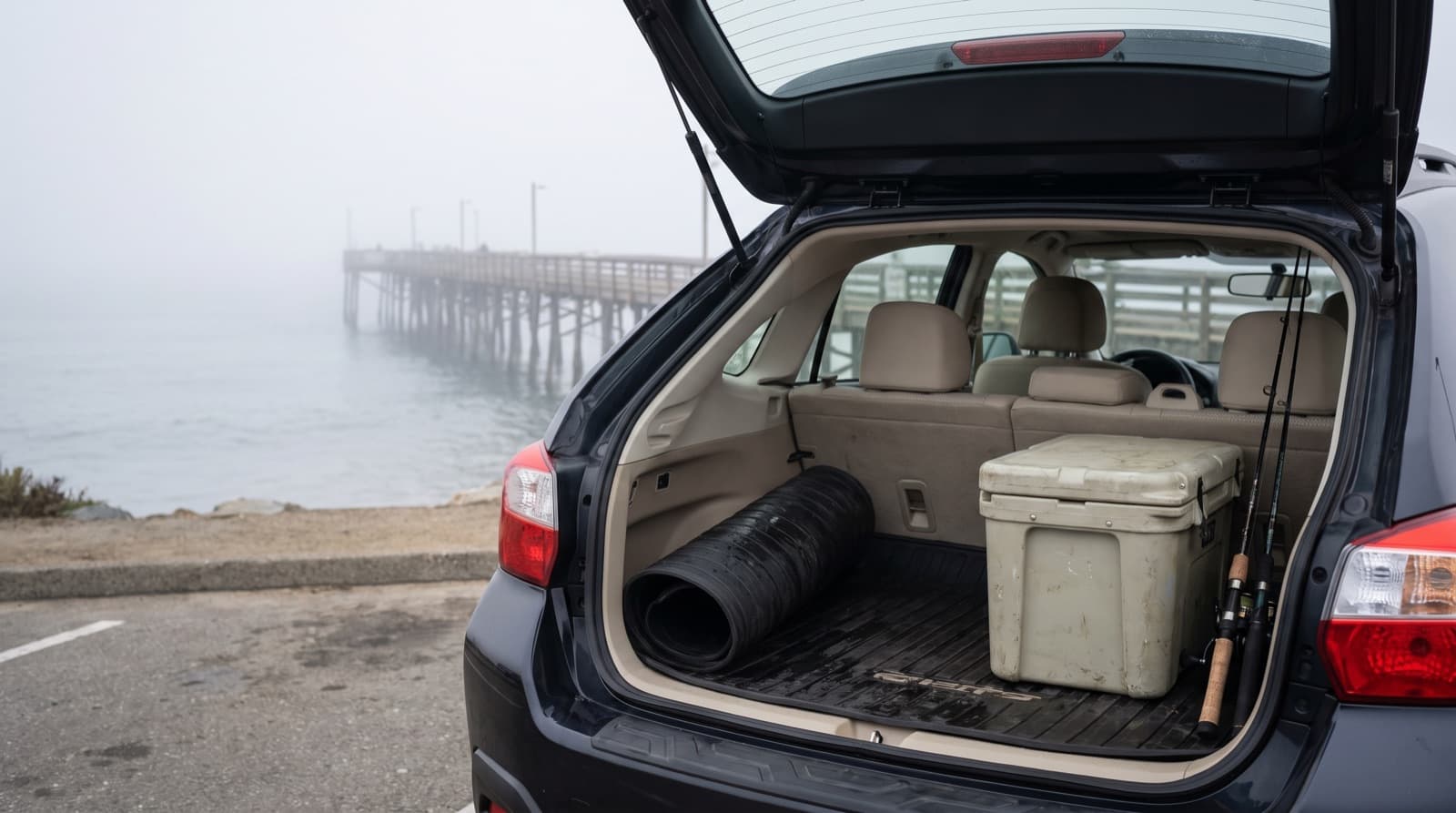 Open car trunk with the carpet lifted to show a damp spare-tire well, a white fishing cooler and a crab pot set on the pavement beside it