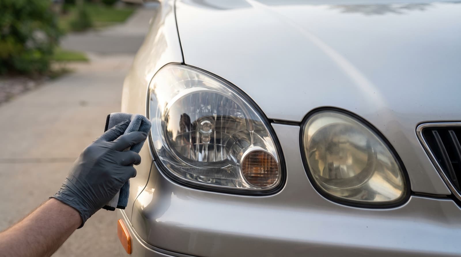Gloved hand wiping a clear UV sealant onto a freshly restored car headlight lens