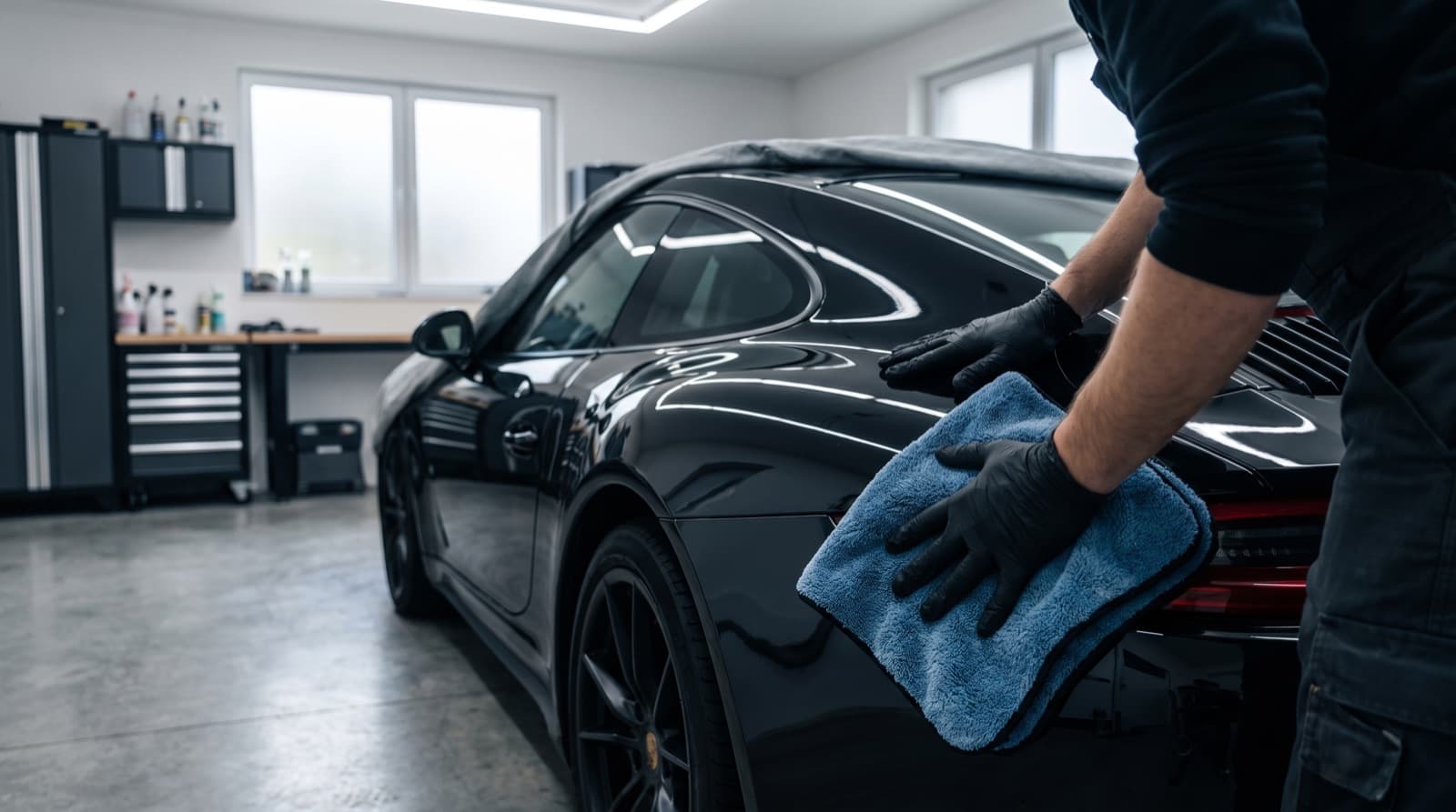A detailing technician gently drying the glossy black hood of a high-end sedan with a plush microfiber towel in a home garage