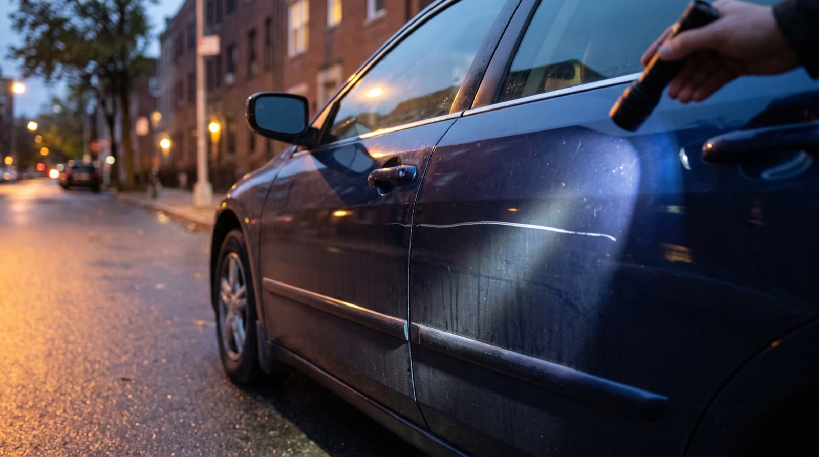 Close-up of a long key scratch across a dark gray car door, with a gloved hand holding a foam polishing pad next to it