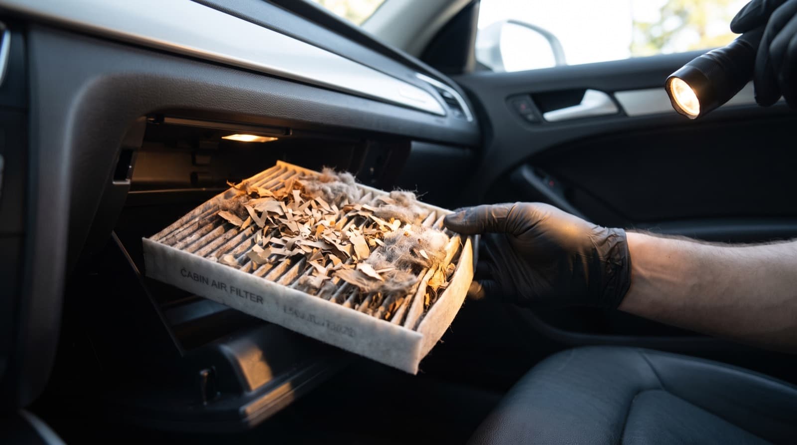 Technician in gloves steam cleaning the carpet under a car's back seat, with all the doors open to let fresh air in