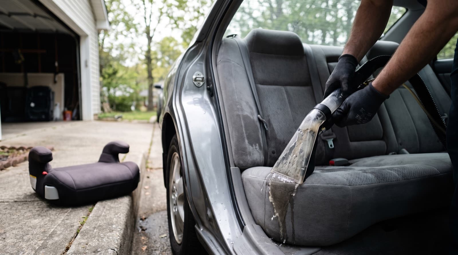 Detailing technician using a hot-water extractor on a cloth car seat to remove a urine stain