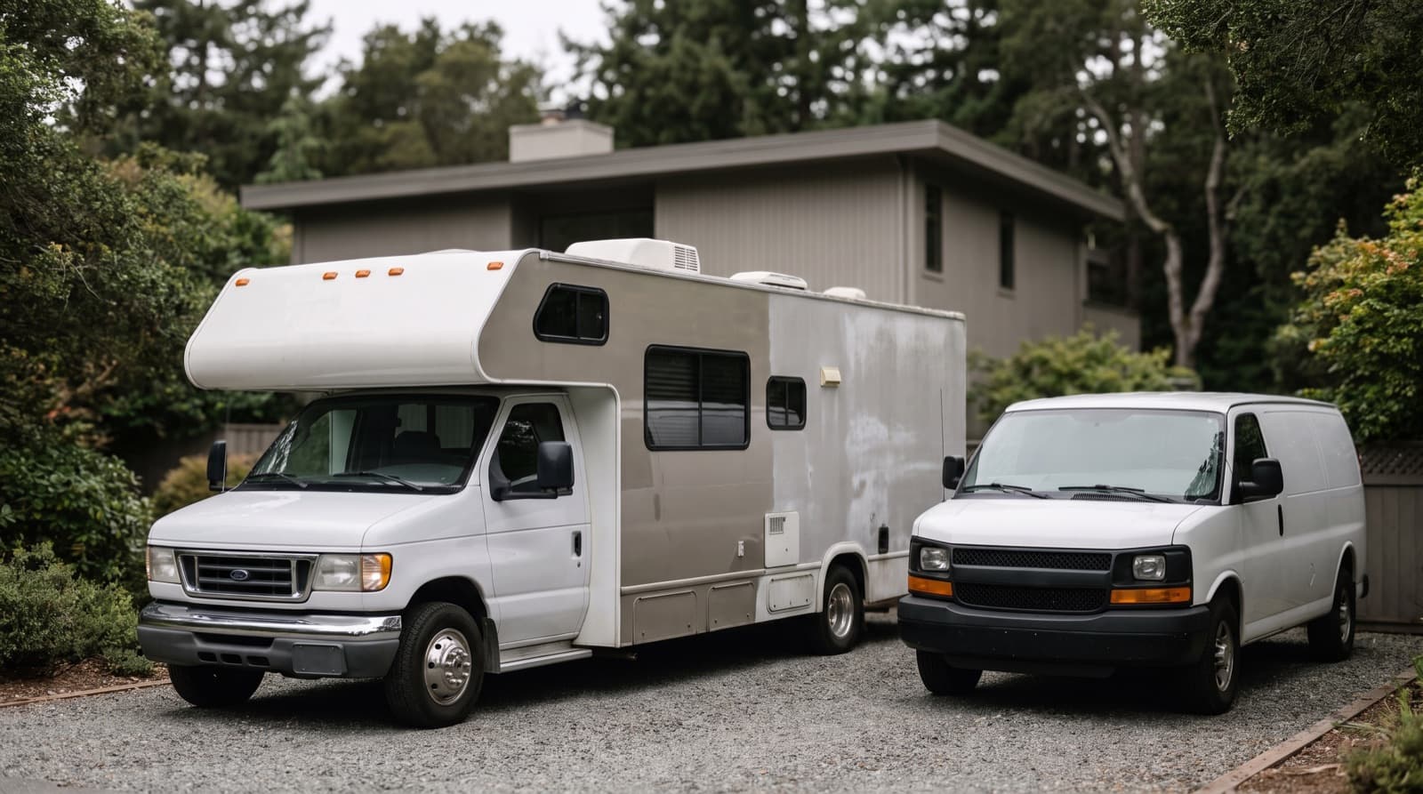 A technician polishes the side of a white Class C motorhome parked in a Bay Area storage lot