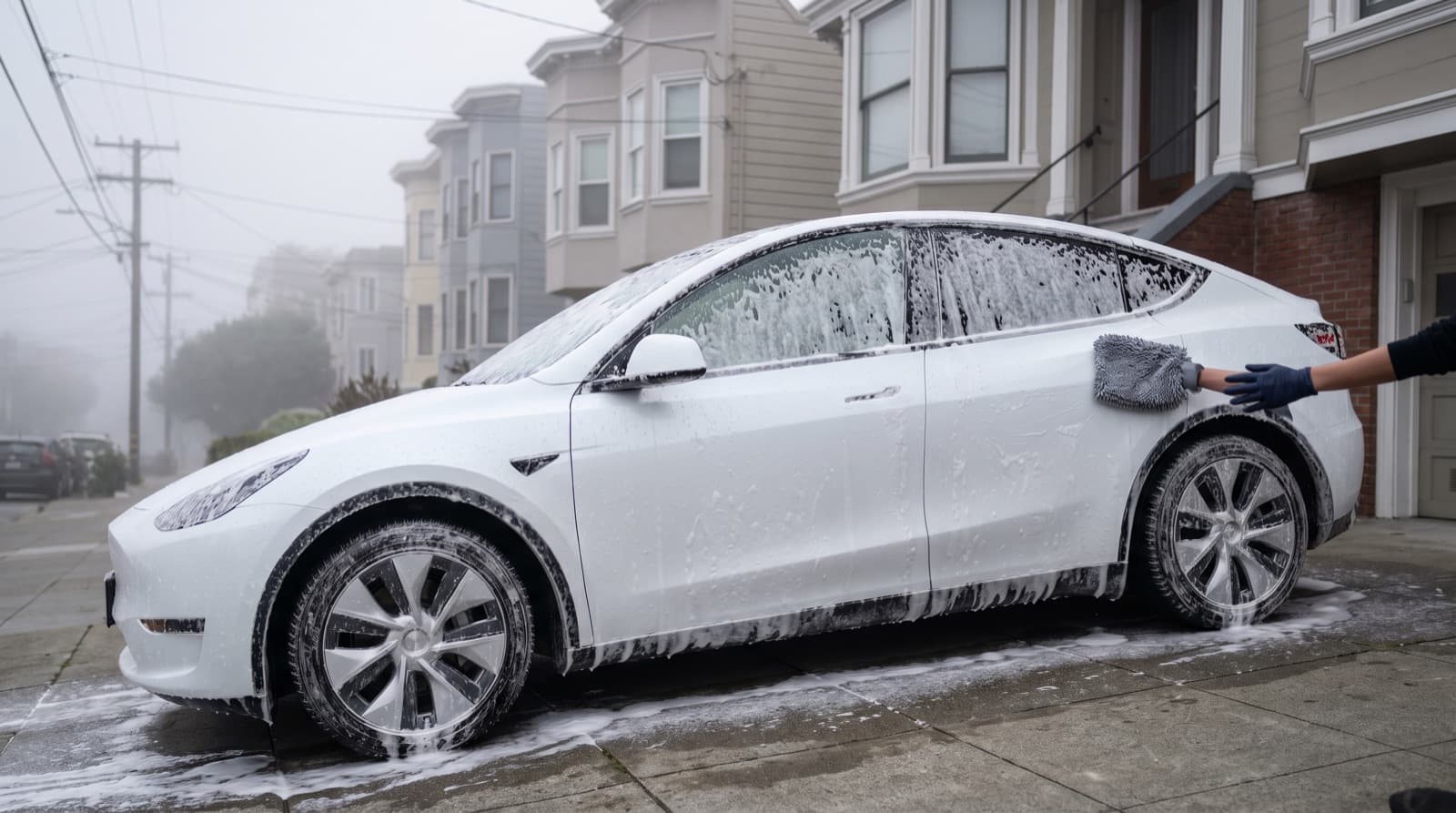 A technician hand washes a white Tesla Model Y with a soft microfiber cloth at a San Francisco curb, next to a mobile detailing van