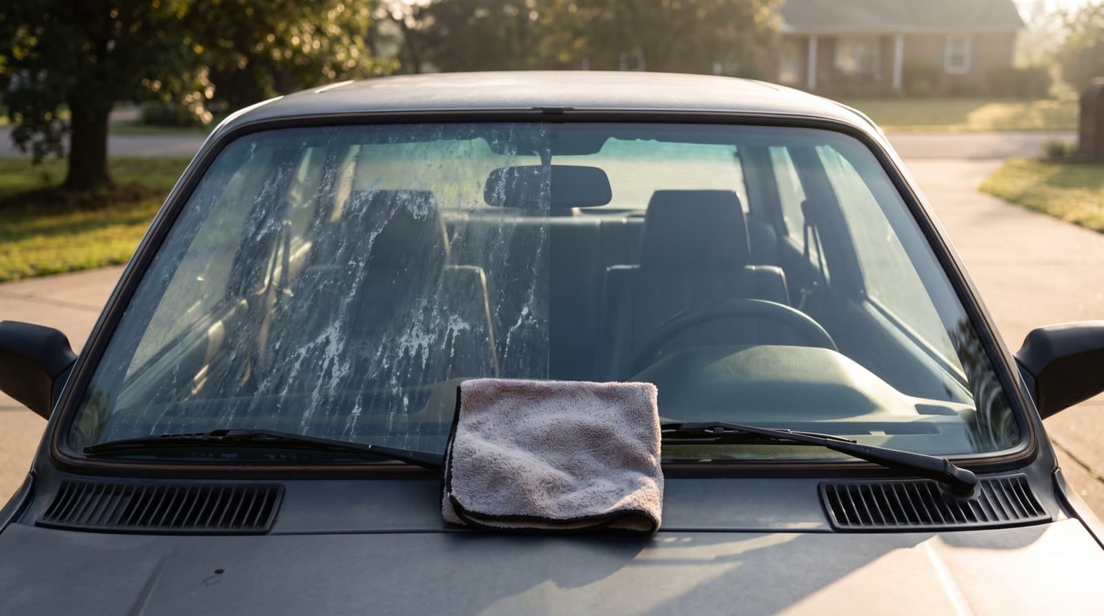 Close-up of white water spot rings on a car windshield, with morning fog lifting in the background