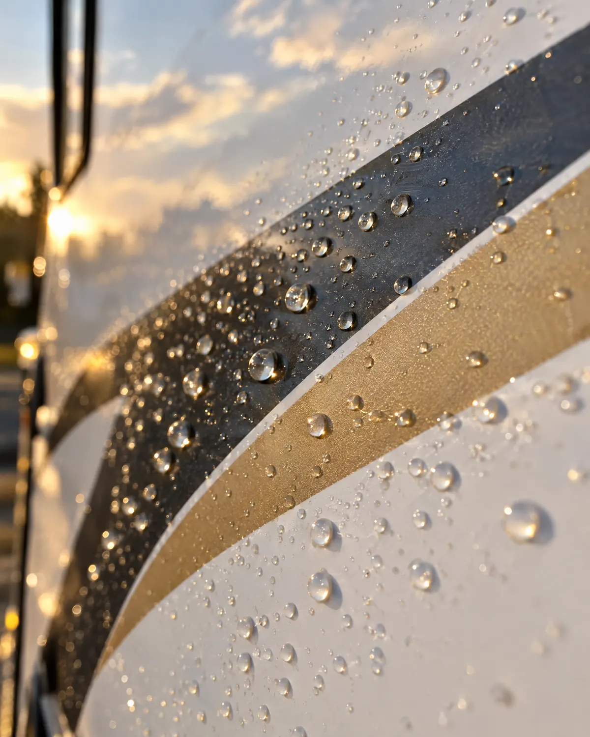 Illustration: water beading on ceramic-coated RV fiberglass and graphics at golden hour