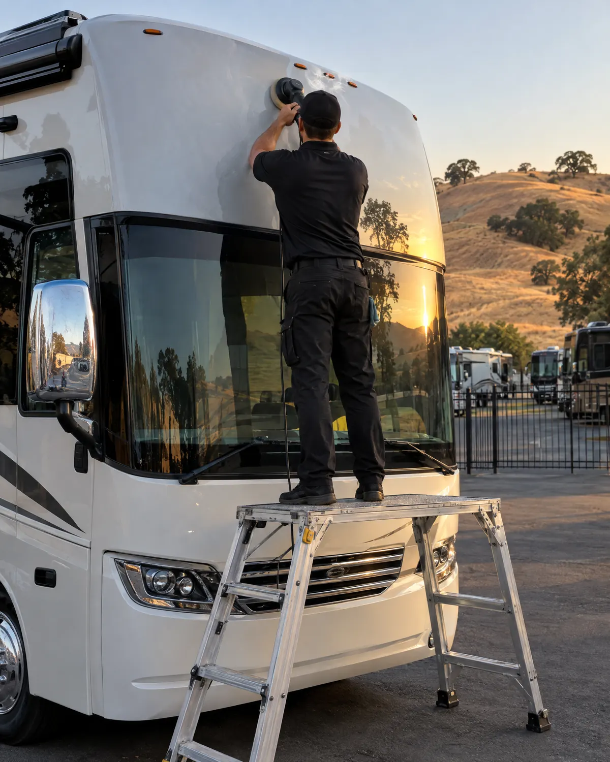 Illustration: a detailer on a platform ladder machine-polishing the front cap of a Class A motorhome