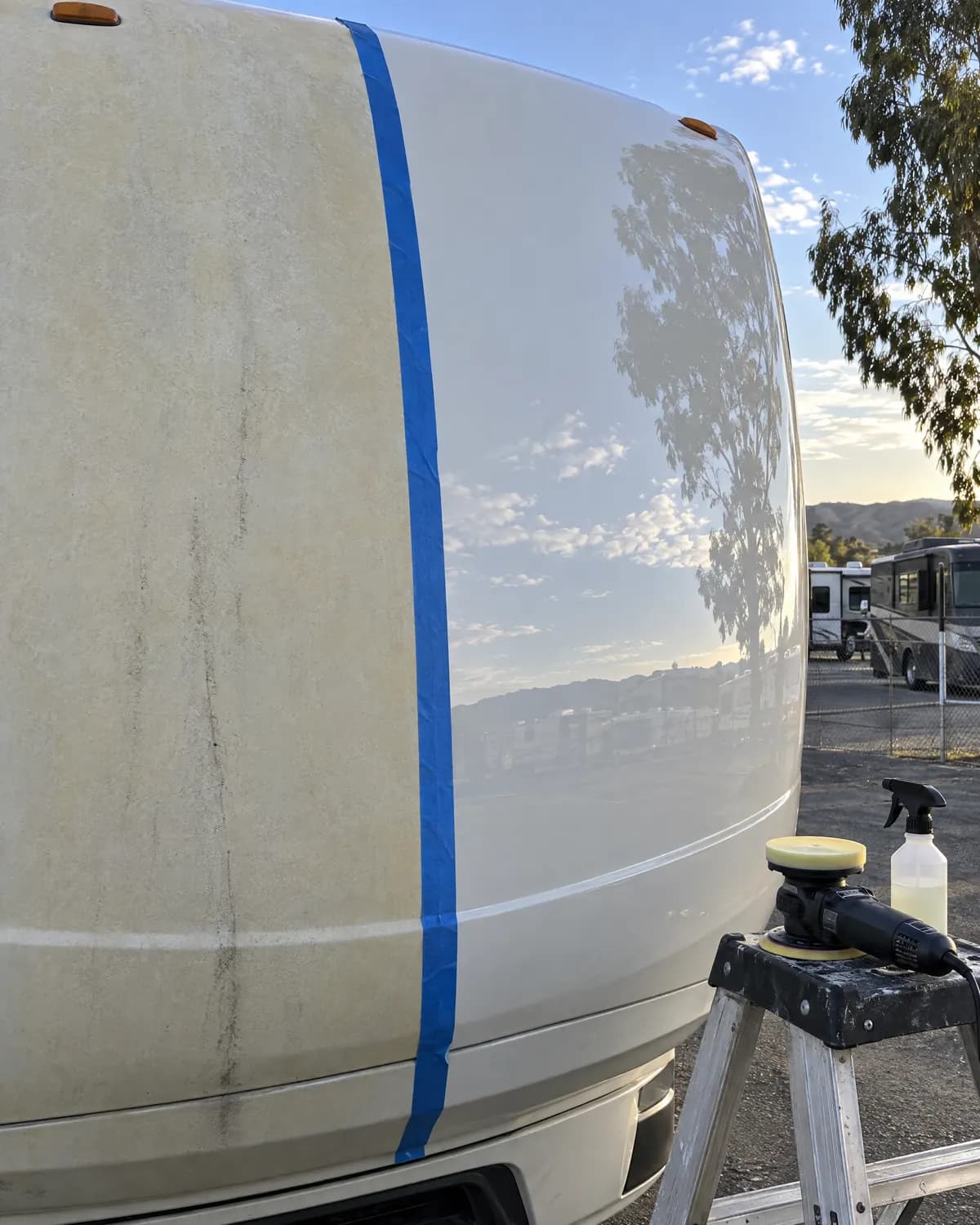 Illustration: an RV front cap taped down the middle — chalky oxidized gelcoat on the left, polished gloss on the right