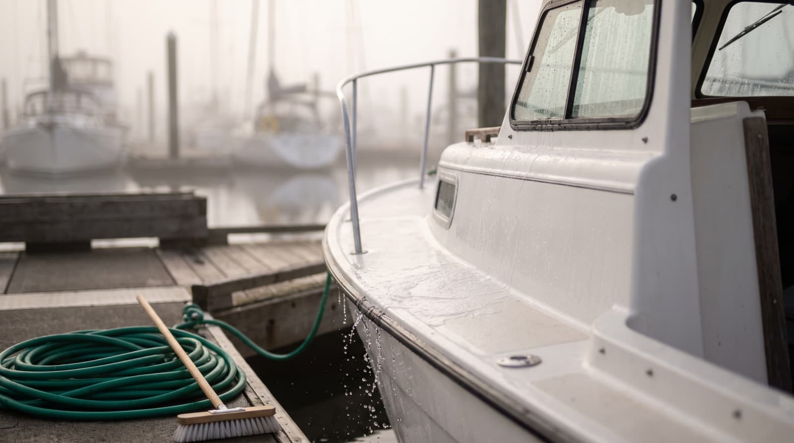 A detailing technician rinsing salt off the white fiberglass deck of a small powerboat with a garden hose, with a foggy marina in the background