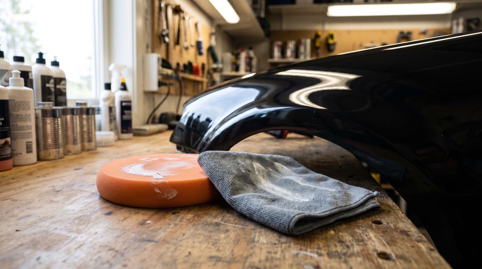 Detailer running a machine polisher with a foam pad across the hood of a dark car, one half glossy and the other half still showing swirl marks