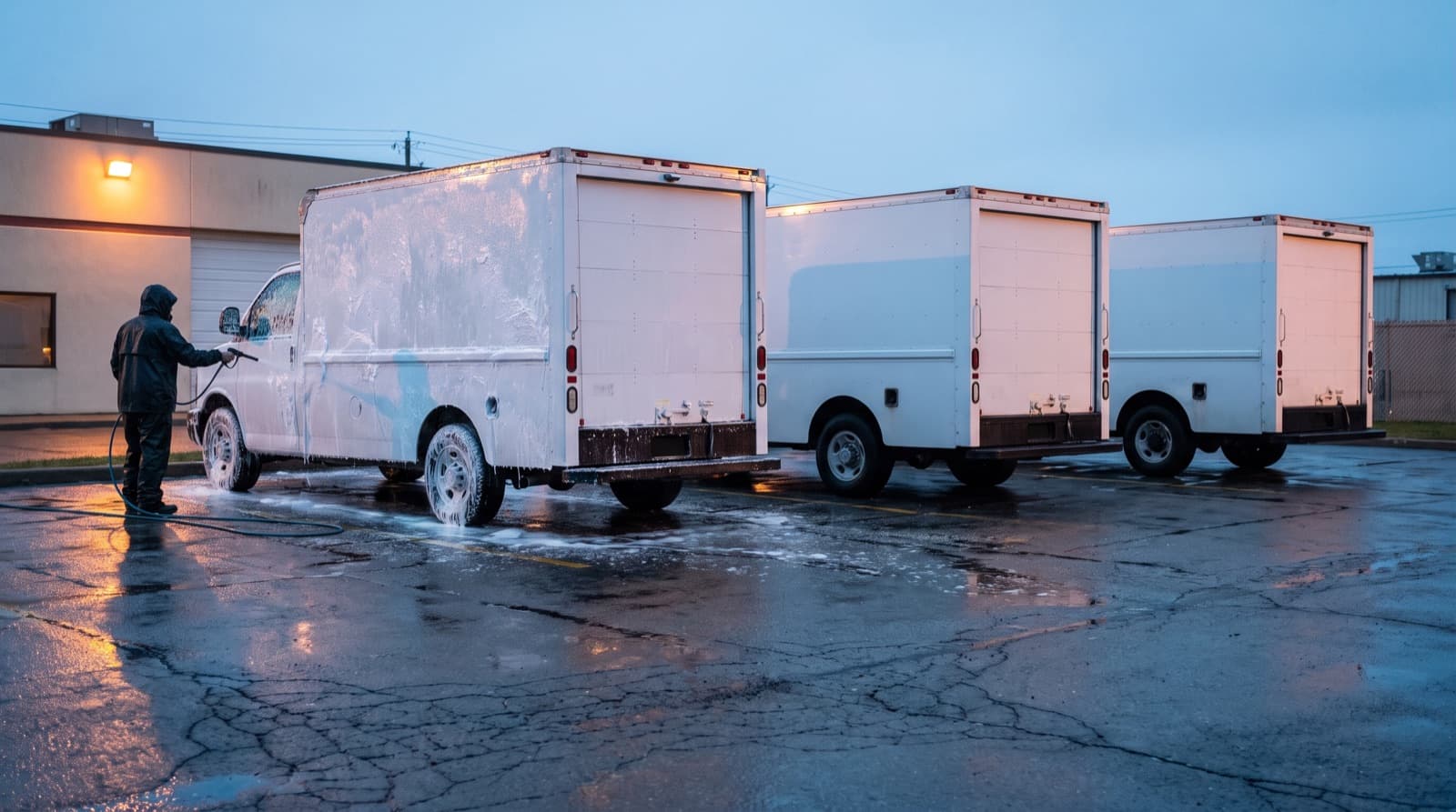 A technician hand washes a white work van parked in a San Francisco business lot, with two company sedans parked beside it