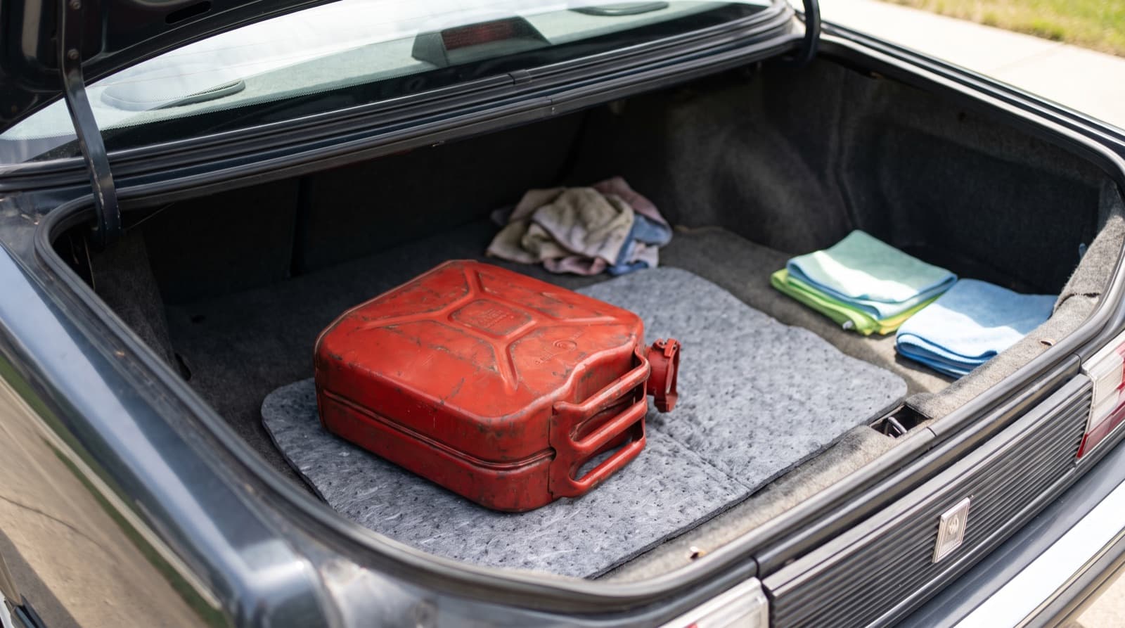 Open car trunk with a red gas can set outside on the pavement and a layer of cat litter soaking up a spill on the trunk carpet