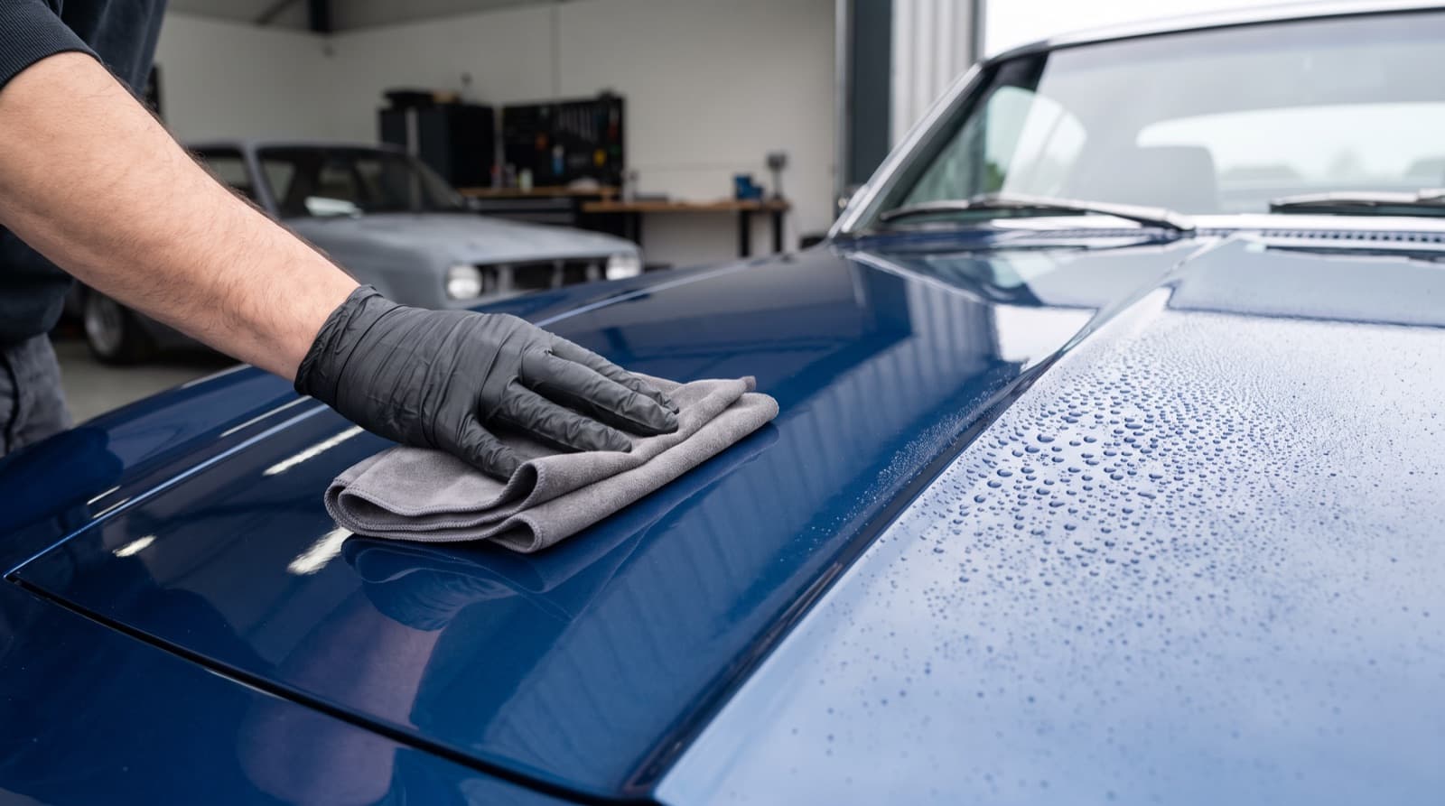 A technician in gloves wipes ceramic coating onto the freshly polished hood of a dark blue car inside a home garage