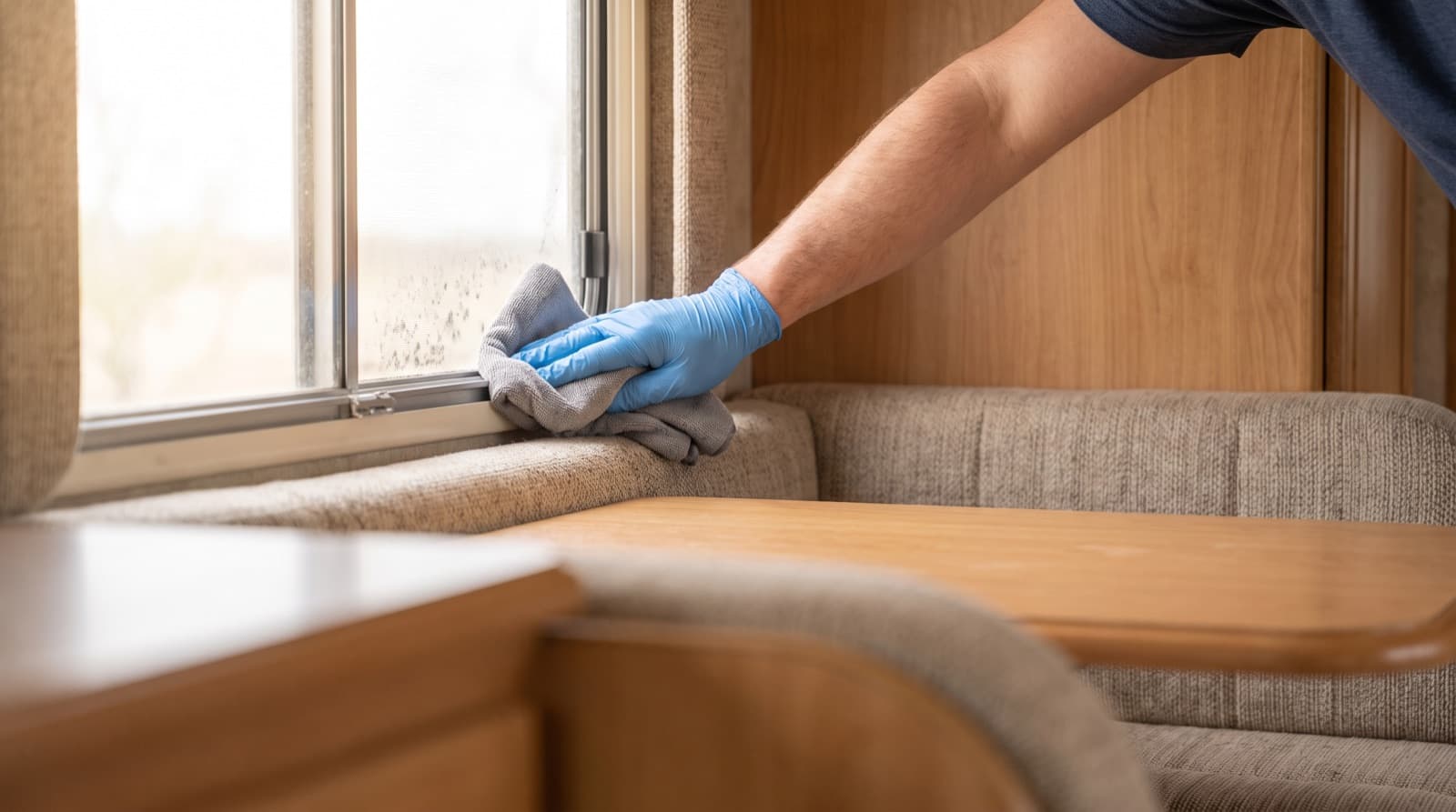 Gloved hand wiping gray mildew spots off a white RV wall below a window, with the roof vent open for fresh air