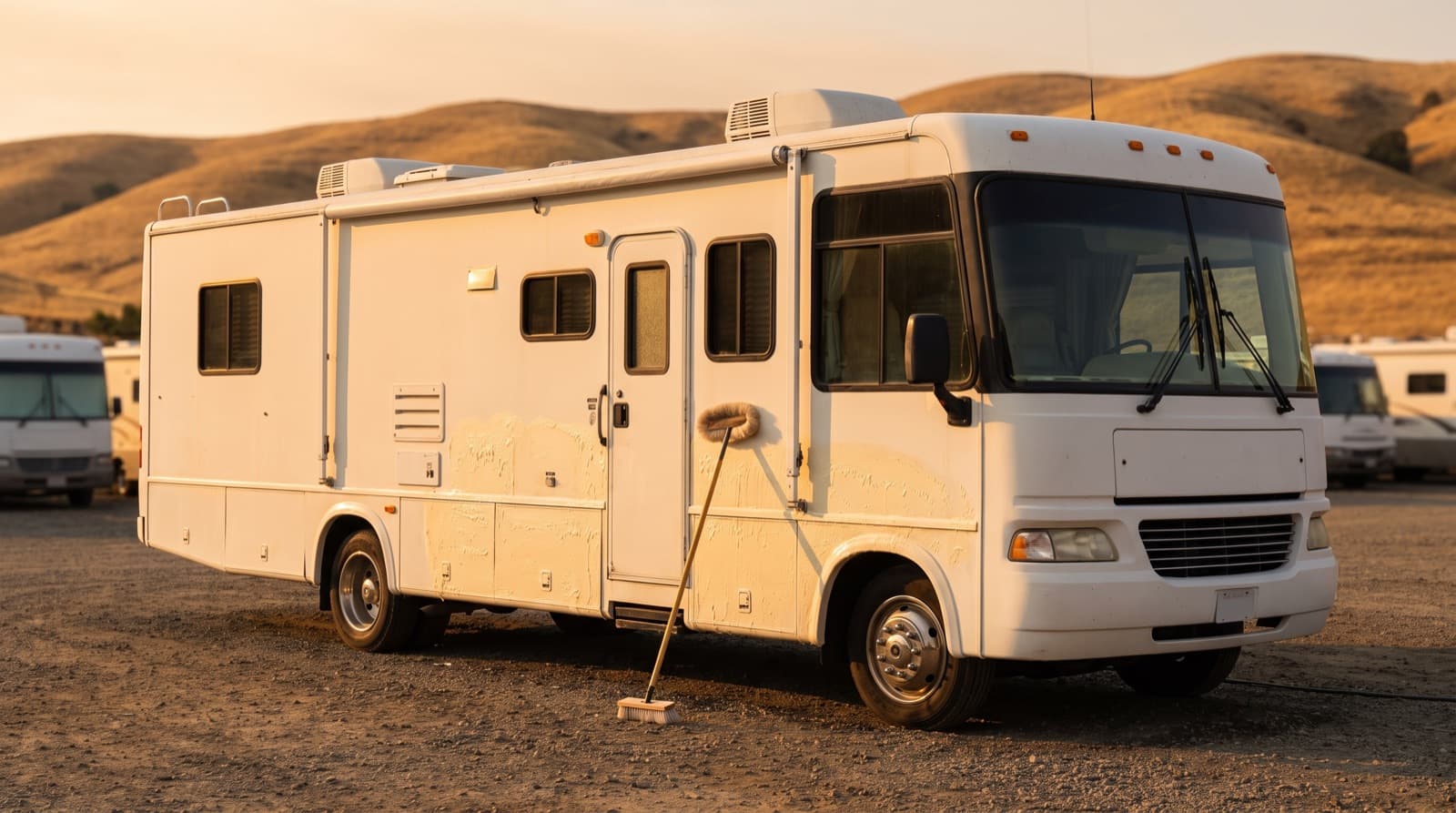 A detailing technician on a sturdy ladder washing the tall side of a white motorhome with a soft, long-handled brush on an overcast morning in a storage lot