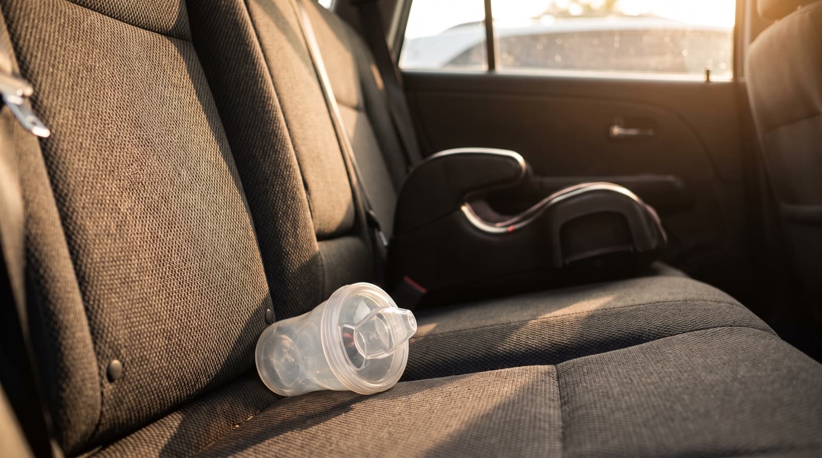 A gloved hand pressing a wet-dry vacuum tool into a gray cloth back seat after a milk spill, with a spray bottle of enzyme cleaner beside it