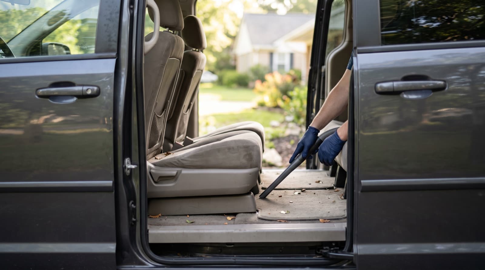 A technician vacuums the sliding door track of a family minivan parked on a San Francisco street, with the side door open and the third row in view