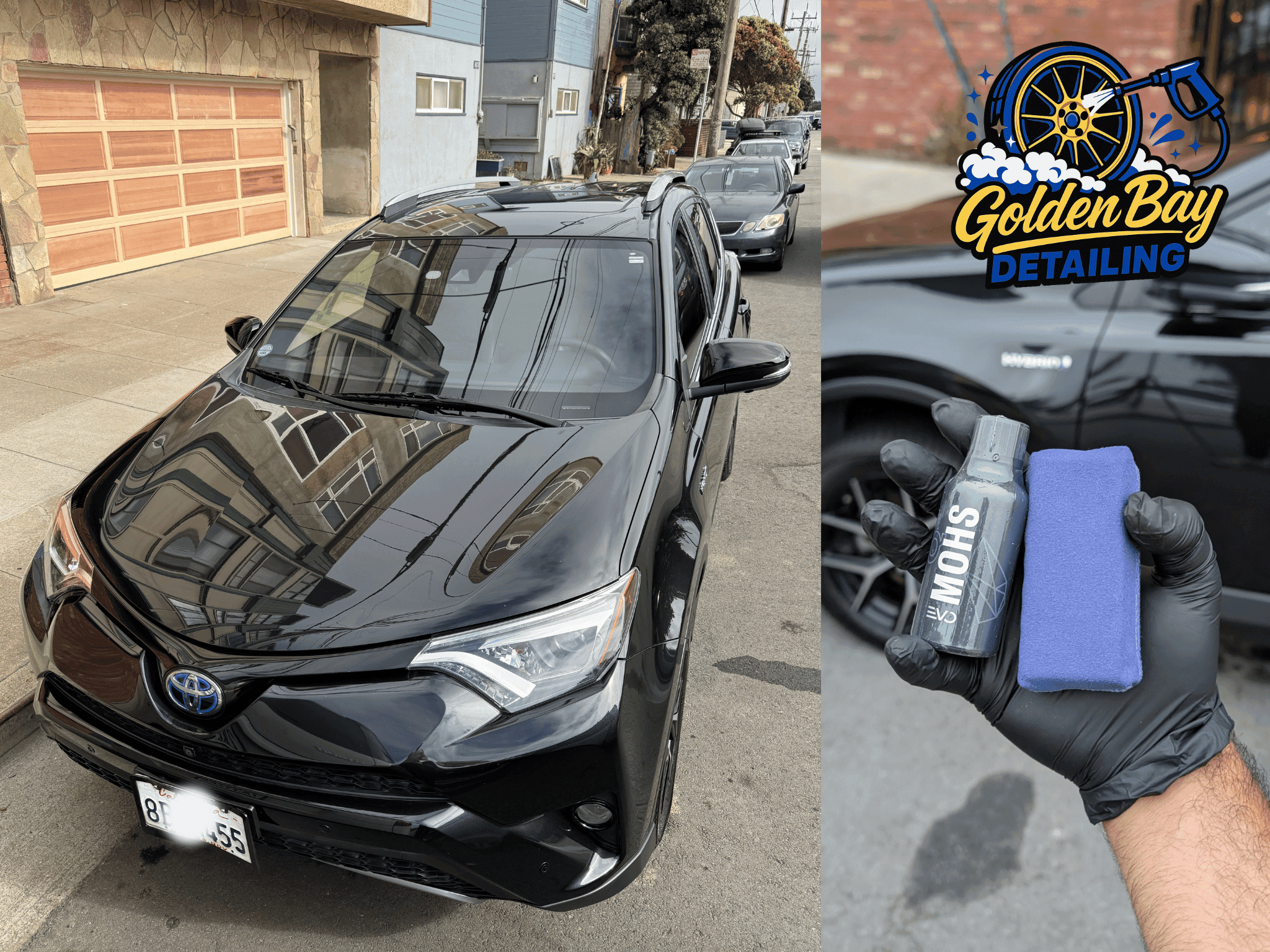 Detailer performing engine bay cleaning with a soft brush and water-based degreaser, alternator and fuse box covered in plastic bags