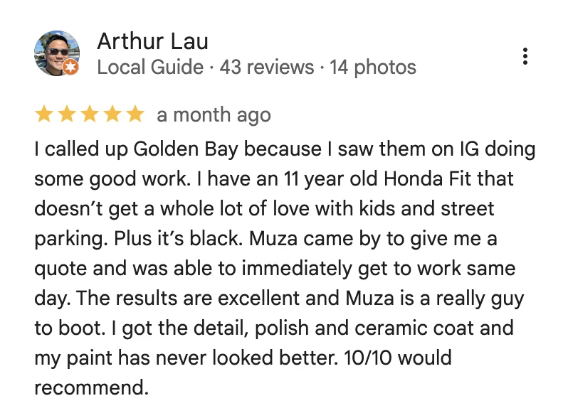 5-star Google review from Arthur Lau for Golden Bay Detailing