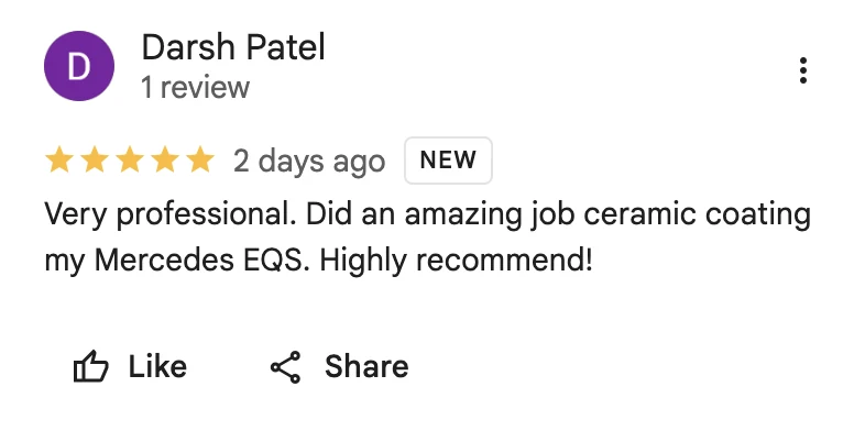 5-star Google review from Darsh Patel for Golden Bay Detailing