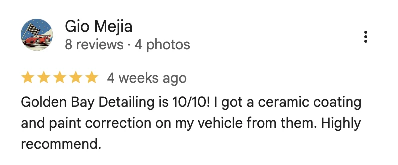 5-star Google review from Gio Mejia for Golden Bay Detailing