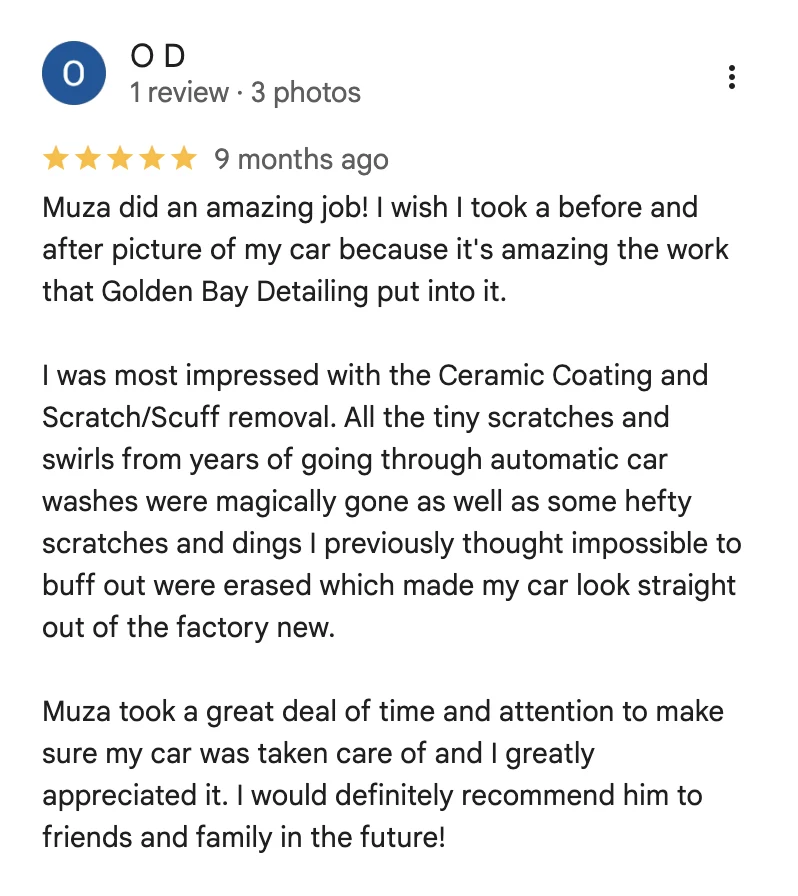 5-star Google review from O D for Golden Bay Detailing