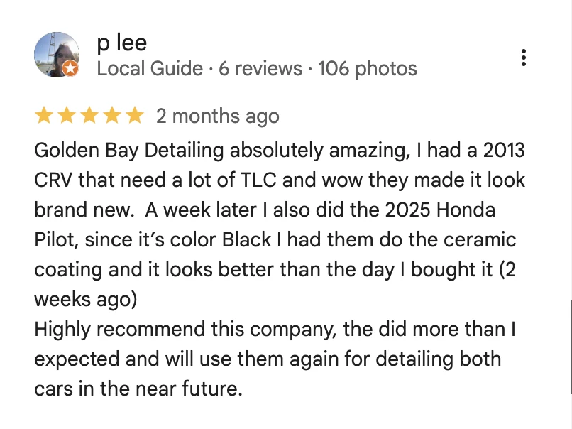 5-star Google review from p lee for Golden Bay Detailing