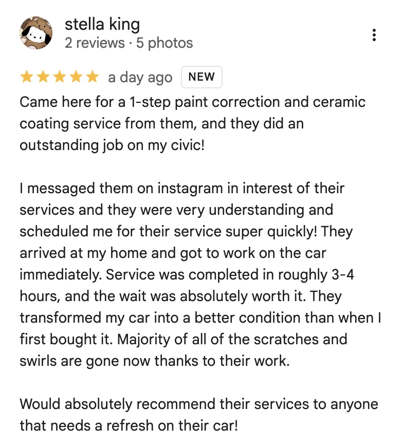 5-star Google review from stella king for Golden Bay Detailing