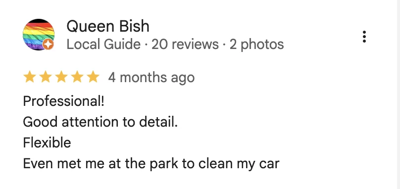 5-star Google review from Queen Bish for Golden Bay Detailing