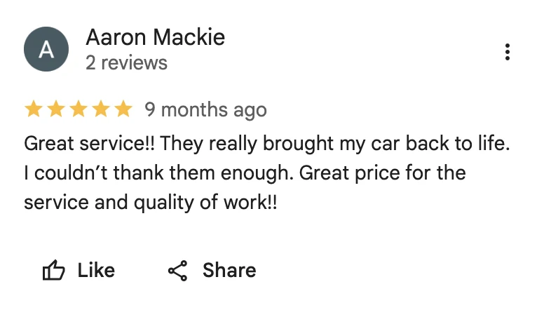 5-star Google review from Aaron Mackie for Golden Bay Detailing
