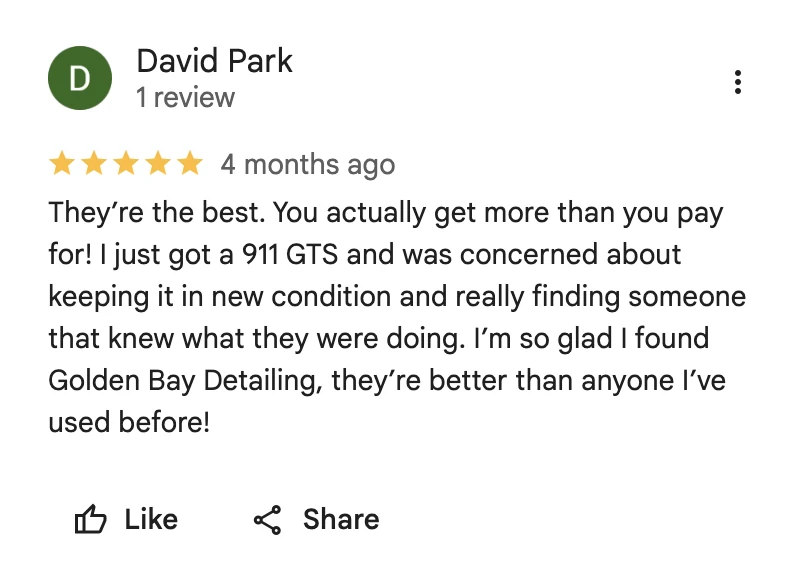 5-star Google review from David Park for Golden Bay Detailing