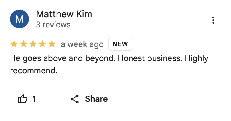 5-star Google review from Matthew Kim for Golden Bay Detailing