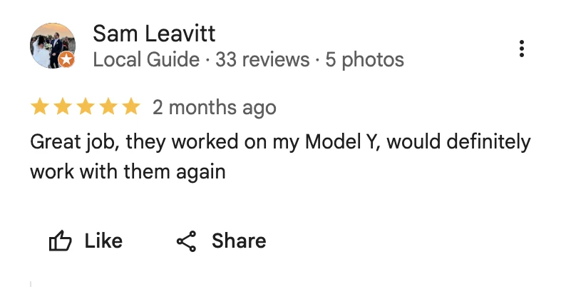 5-star Google review from Sam Leavitt for Golden Bay Detailing