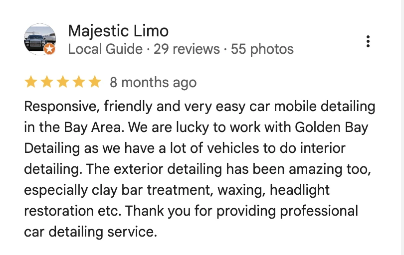 5-star Google review from Majestic Limo for Golden Bay Detailing