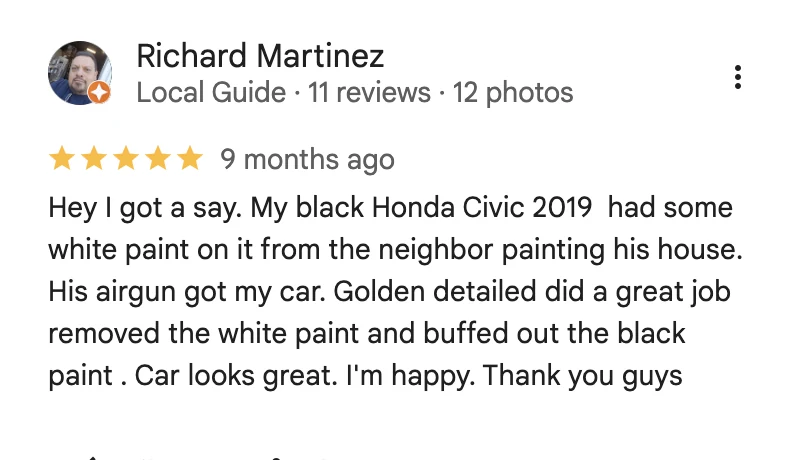 5-star Google review from Richard Martinez for Golden Bay Detailing